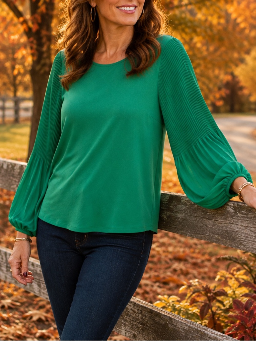 Cottagecore Sophisticated Classic Emerald Green Pleated Balloon Sleeve Blouse M